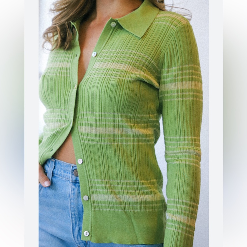 Lush Ribbed Striped Collared Button Up Cardigan I… - image 2